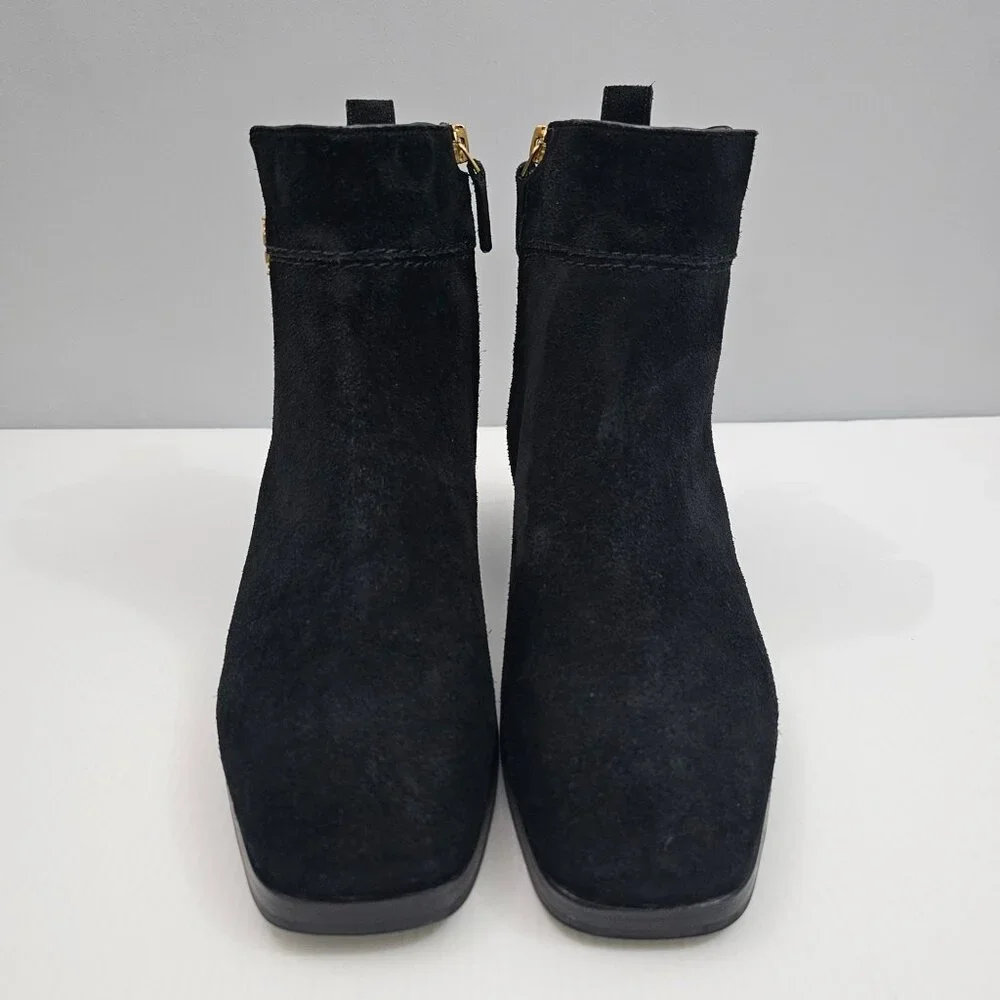 Tory Burch Everly Ankle Boot Womens 7.5 Black Suede Gold Logo Luxury Designer - Picture 5 of 16